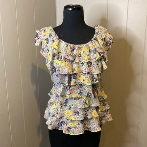 Anthropologie Odille Women’s 8 Sleeveless Top Layered Ruffles Floral Back Zip Up
